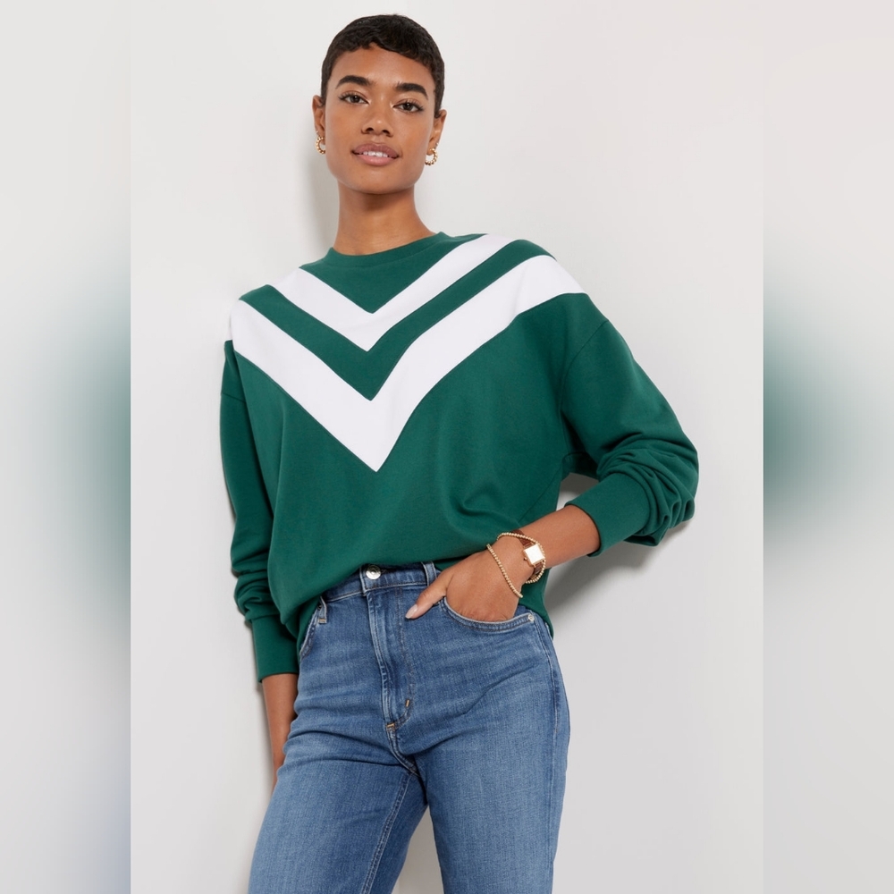 ​EVEREVE Juno Chevron Varsity Sweatshirt Green White XS Pima Cotton